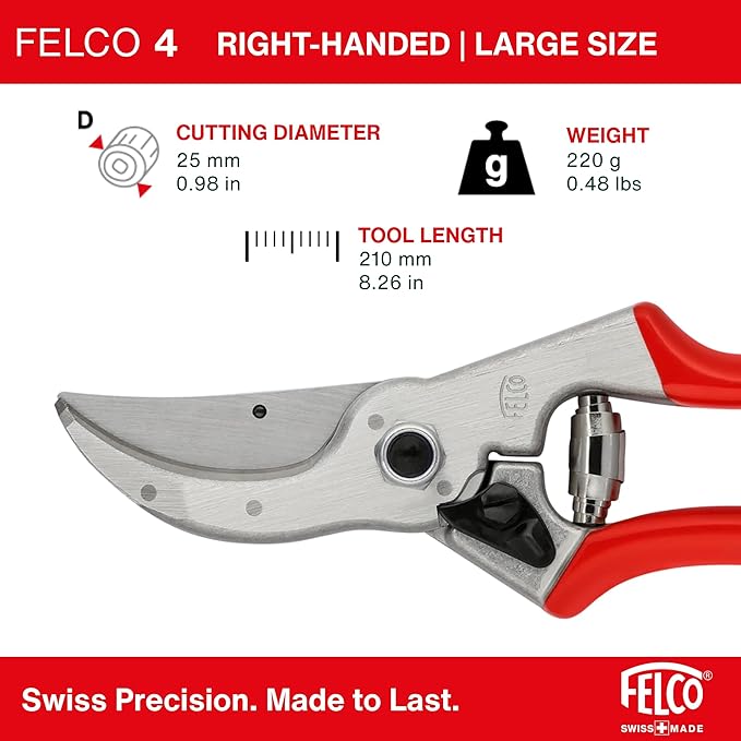 Felco F4 Pruning Shears – 9.25" Swiss-Made Garden Clippers for Pruning | Hand Pruners for Gardening | Garden Tool Cutter with Precision Bypass Blade, Aluminum Body, Replaceable Parts, Nut/Bolt Model