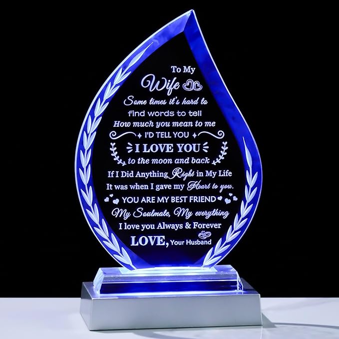 QIANWEI Mothers Day Gifts for Wife I Love You for Her Glass Plaque Keepsake Wife Romantic Gifts from Husband Anniversary Birthday Christmas Presents for Women with Colorful Led Base