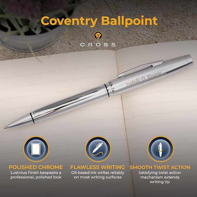Cross Coventry Ballpoint Pen with Personalized Engraving - Polished Chrome with Black Accent Banding - Gift for Graduation, Retirement, New Job, or Corporate Recognition