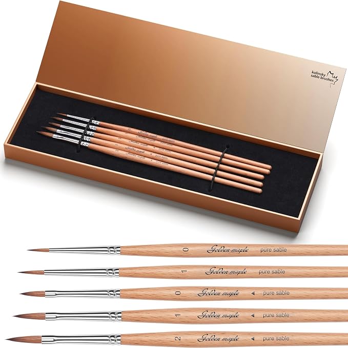 Golden Maple Kolinsky Sable Miniature Paint Brushes, 5PC Professional Detail Paint Brushes Arrow Point Paint Brush Set for Models, Watercolor Details, Figures & Gouache Painting, Wood Color