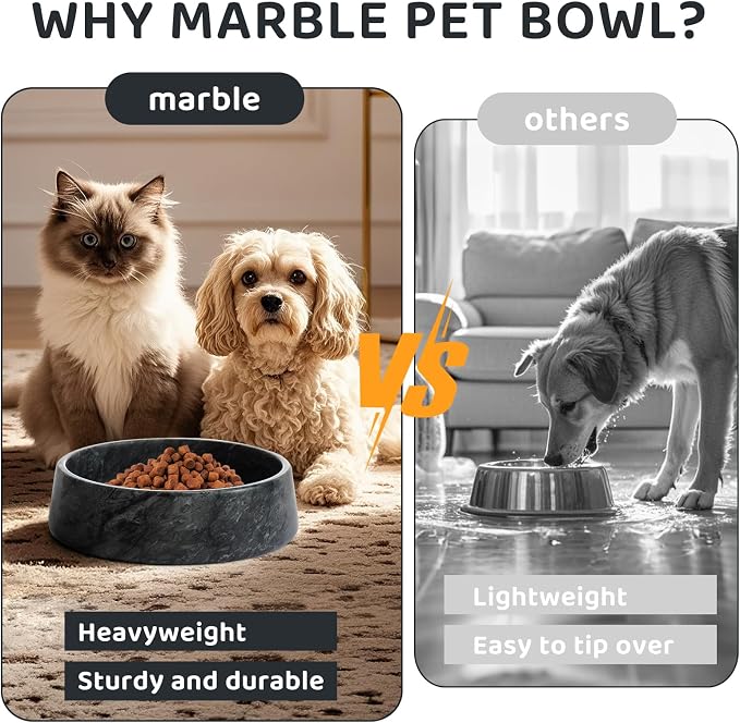 SAMAH Black Marble Dog Bowl, Non-Slip Non-Tipping Heavy Dog Food Bowl, Large Weighted Stone Dish, Natural Marble Dog Water Bowl, Easy to Clean, Gifts for Cat & Dog Lovers, Holds 6 Cups(6 lbs)