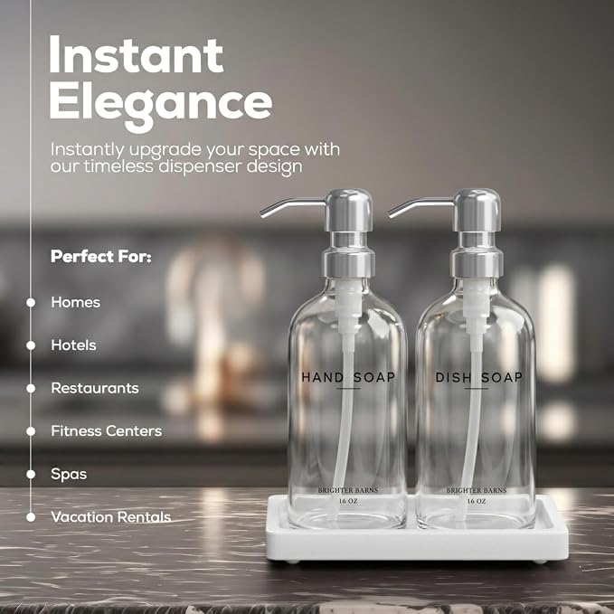 Glass Hand and Dish Soap Dispenser Set by Brighter Barns - Modern Kitchen Soap Dispensers with Stainless Steel Pump - Neutral Home Decor for Hotel, Restaurant, Vacation Rental, Airbnb (Clear/Silver)