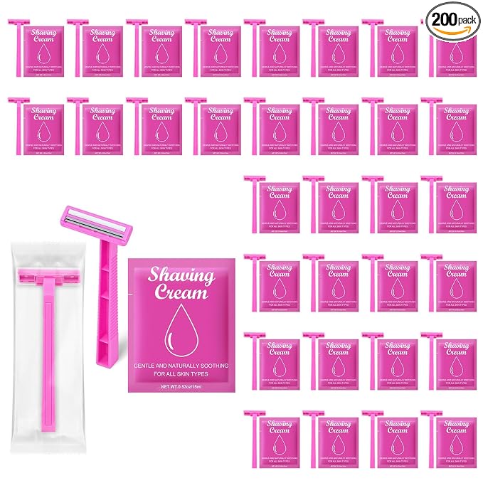 200 Set Women's Disposable Razors Individually Wrapped and Womens Shaving Cream Bulk Travel,Twin Blade,Disposable Razors Women Bulk with Clear Safety Cap Care Dry Skin 0.53oz Shave Gel for Travel