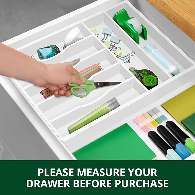 Luxury Bamboo Kitchen Drawer Organizer - Silverware Organizer - Utensil Holder and Cutlery Tray with Grooved Drawer Dividers for Flatware and Kitchen Utensils (7 Slot, White)