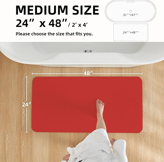 TYUU Christmas Bath Mat, Red Bathroom Rugs Non Slip Washable Thin Absorbent Bath Mat Fits Under Door Bathroom Floor Mat Perfect for Bath, Shower, or Sink 24"x48" Red