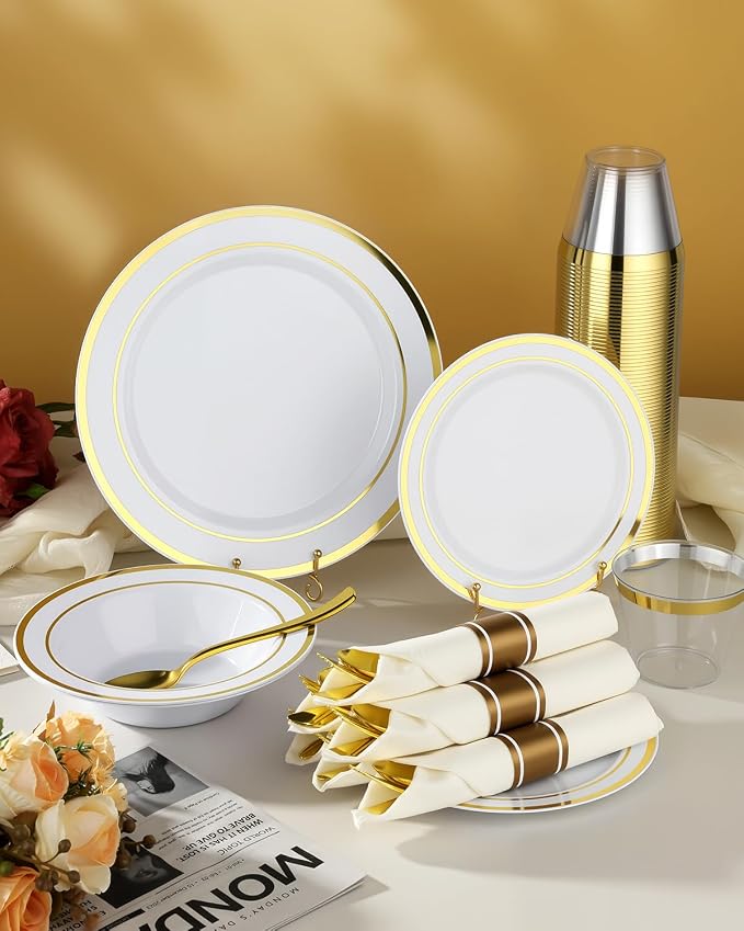 BESTVIP 400PCS Gold Plastic Dinnerware Set, Disposable Party Supplies for 50 Guests - Include 100 Plates, 50 Leak-Proof Soup Bowls, 50 Pre Rolled Napkins with Gold Silverware, 50 Cups