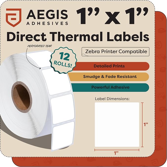 Aegis Adhesives - 1" X 1" Square Direct Thermal Labels (16500 Count, 12 Rolls) - QR Code Stickers, Price Tags, Barcode Labels for Inventory - Compatible with Zebra Printers, NOT Rollo Compatible