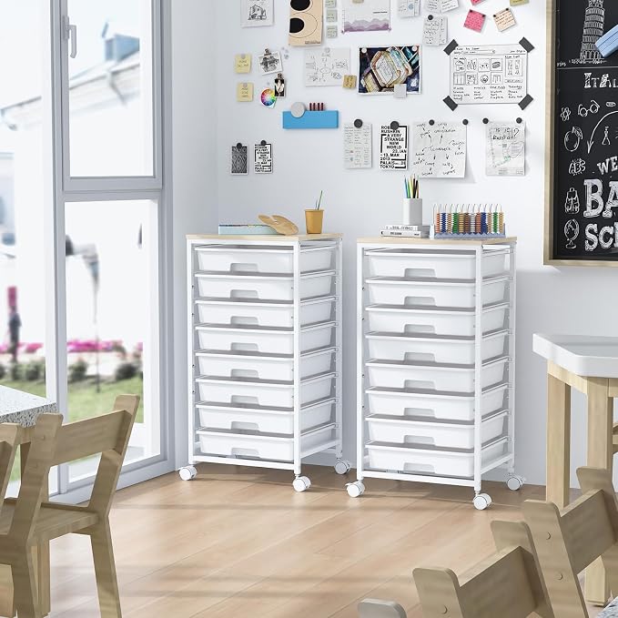 SYKIARIOL Rolling Storage Cart with Drawers,Utility Cart With 8 Drawers and Wooden Tabletop,Rolling Drawer Cart,Storage Drawer Cart for Living Room,Classroom,Bedroom,Bathroom,Dorm,Office,White