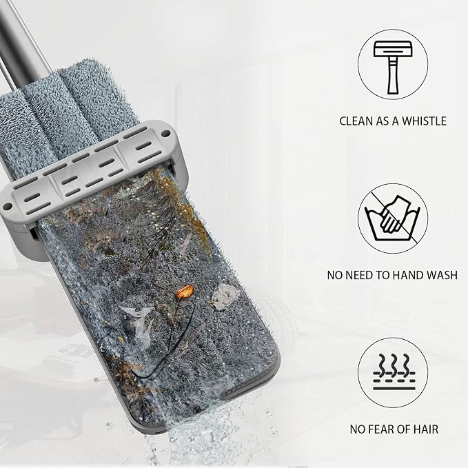 360 Hands-Free Self Wringing Floor Cleaning Mop, Flat Mop, White | Microfiber mop pads, 6 reusable washable pieces, easy hand wash. Ideal for floors & window cleaning
