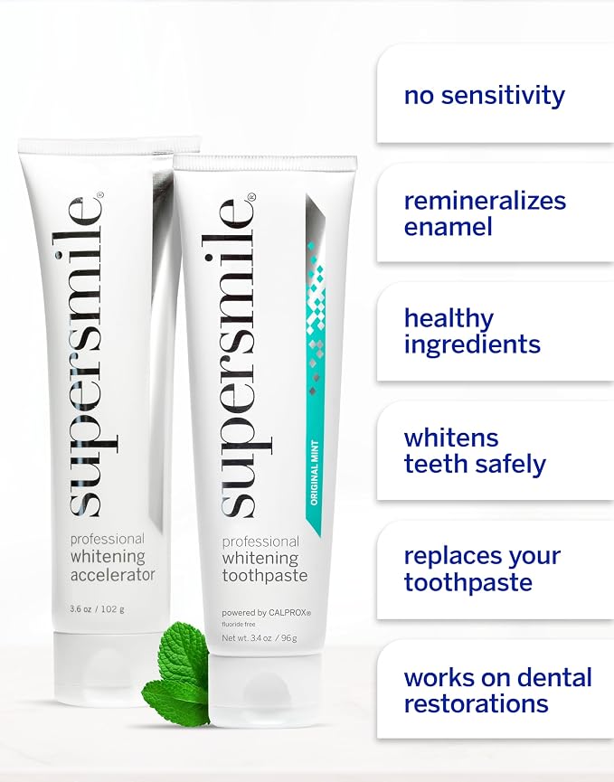 Supersmile Fluoride-Free Whitening System, 3.4 Oz Toothpaste + Accelerator | Whitens 3.6 Shades After 1 Day, RDA 65 Low Abrasion, Original Mint Flavor, Veneer Safe, Sensitivity-Free, SLS-Free