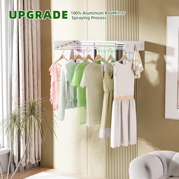 BAKON Wall Mounted Drying Rack 32'', Hidden Clothes Drying Rack for Indoor | Space Saving for Balcony Laundry Room Small Space, 60lbs Capacity, 6 Towel Hooks and 5 Rods, Invisible,Heavy Duty Metal