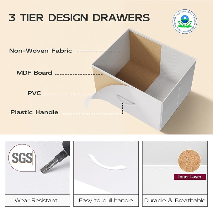 WLIVE Fabric Dresser, 5-Drawer Tall Dressers for Bedroom, Storage Dresser Organizer with Fabric Bins, Wood Top, Sturdy Steel Frame, Chest of Drawers for Closet, Hallway, White