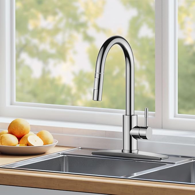 FORIOUS Chrome Kitchen Faucet with Pull Down Sprayer, High Arc Modern Classic Sink Faucet Stainless Steel with Deck Plate Fit for 1 or 3 Hole for Pot Filler Bar Farmhouse Laundry Rv