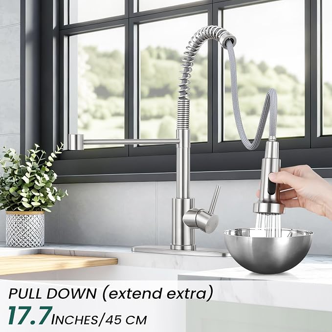 Kitchen Faucet with Pull Down Sprayer, Brushed Nickel | 2-mode sprayer, 360° high arc spout, 304 SS build, drip-free valve, fingerprint-resistant, DIY install, NSF certified