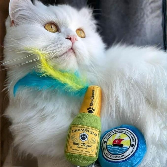 Haute Diggity Kitty Clicquot Champagne & Caviar Set, Plush Cat Toys Catnip Filled with Interactive Crackle Sound, Safe, Durable Toys for Cat & Kitten, 2 Pcs
