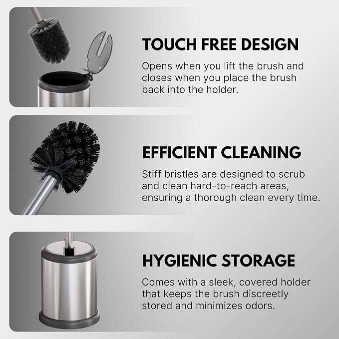 ToiletTree Products Toilet Brush with Lid - Sleek Toilet Bowl Brush and Holder - Toilet Scrubber Brush Set with Heavy-Weight Base - Lidded Toilet Bowl Cleaner Brush and Holder - Chrome (2 Pack)