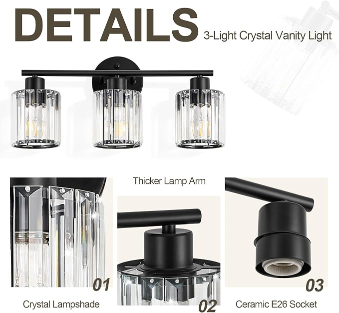 Crystal Bathroom Light Fixtures, Bathroom Lighting Fixtures Over Mirror, Modern Black 3-Light Vanity Lights for Mirror, Restroom, Bedroom (Ceramic E26 Socket,Bulbs Not Include)
