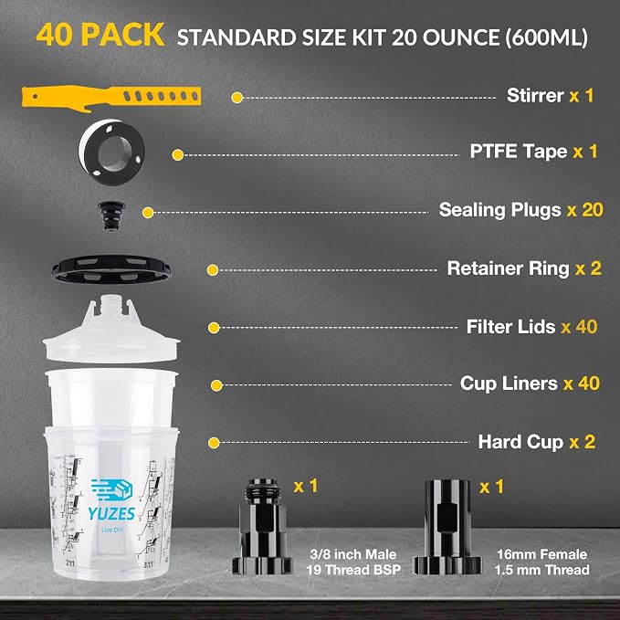 YUZES Disposable Paint Cups for Spray Gun, 20 oz 40-Pack 125-Micron Kit | 40 Paint Cup Liners & 125-Micron Lids, 2 Hard Cups & 2 Adapters for HVLP/LVLP Spray Gun 360° Spray & Less Cleanup