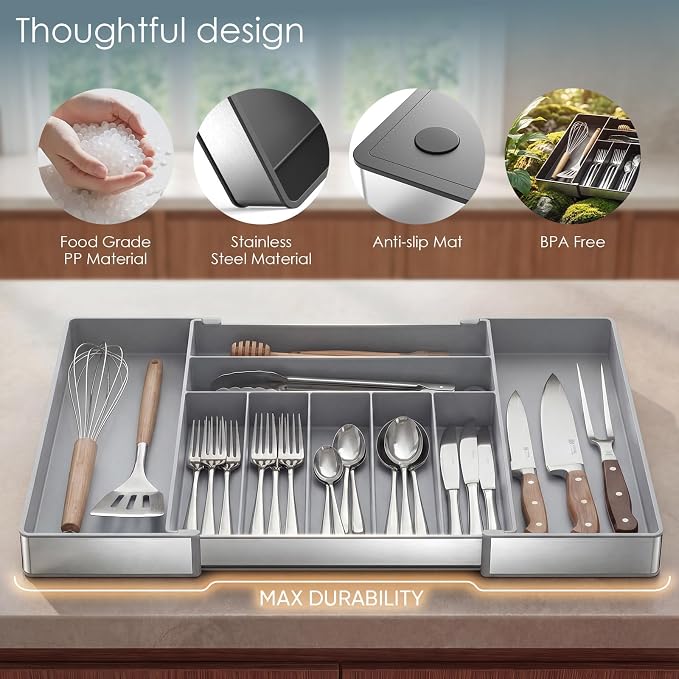 Heavy Duty Stainless Steel Frame Silverware Organizer with Plastic Body, Extra Large Silverware Drawer Organizer, 9 Slot Expandable Kitchen Drawer Organizer, 8 Non-Slip Feet Included, BPA Free, Gray