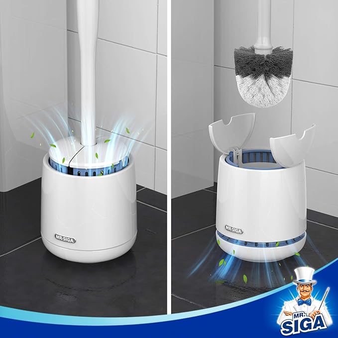 MR.SIGA Toilet Bowl Brush and Holder, Premium Quality, with Solid Handle and Durable Bristles for Bathroom Cleaning, White, 2 Pack