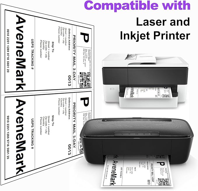 500 Sheets1000 Shipping Labels 8.5" x 5.5" Half Sheet Self Adhesive Mail Labels for Laser & Inkjet Printers, AveneMark 2 per Page Shipping Paper 5 1/2 x 8 1/2 Half Page Labels