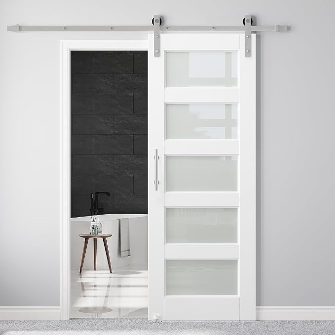 28" x 80" Pre-Assembled Barn Door and 6FT Sliding Door Hardware Kit Included & Handle, 5-Lite Frosted Glass White Sliding Barn Door for Closet Bathroom Bedroom, Solid & Water-Resistant MDF, Paintable