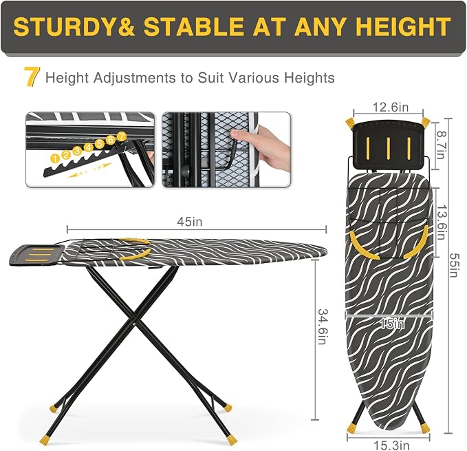 KINGBOARD Ironing Board Full Size with Metal Panel, Foldable Ironing Board with Iron Rest, 7 Height Adjustable, Heat Resistant Thick Padding Cover, Easy Storage Heavy Duty Iron Board,15x48, Black