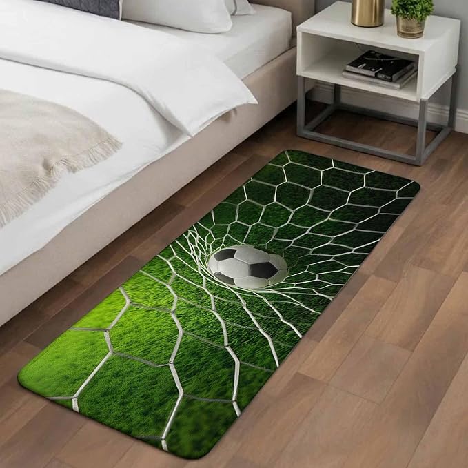 Soccer Bathroom Runner Rugs Non Slip Washable Absorbent Narrow Long Bath Mat Goal Net Competitive Green Grass Athletic Runner Rugs for Kitchen Hallway Bedroom Laundry Study Room 19.7"x63"