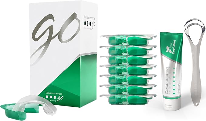 Opalescence Go 15 - Prefilled Teeth Whitening Trays Bundle 6238-1TS | Hydrogen Peroxide 15% - Includes Original Whitening Toothpaste Travel Size 1 Oz & Tongue Scraper (7 Treatments) Mint Flavor