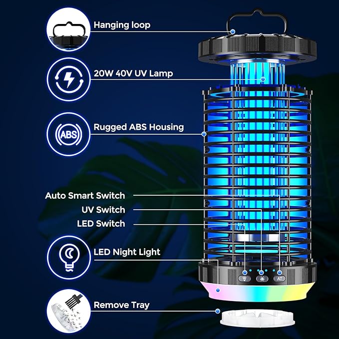 CreateFun Bug Zapper Outdoor, 2026 Upgraded 3 in 1 Rechargeable Bug Zapper with 5000mAh Battery & LED Night Light, 4000V Cordless Waterproof Mosquito Zapper for Outside,Patio,Backyard,Garden Black 01