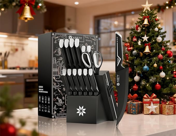 ASETY Kitchen Knife Set, 15 PCS Knife Block Set, Dishwasher Safe, White | Razor Sharp Knives, Wood Knife Block with Built-In Sharpener, Stainless Steel, Ergonomic Handle, Elegant Box for Men Women