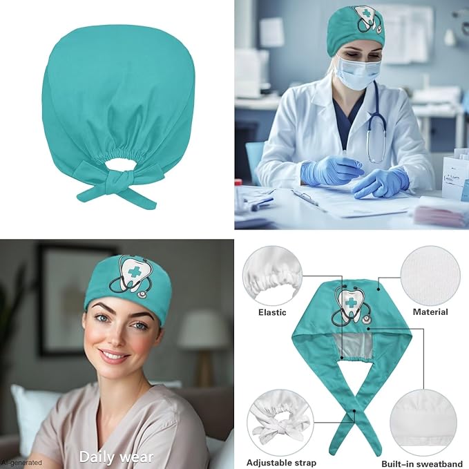 Gomyblomy Women's Scrubs Suit 3-Piece Set | Teeth Print V-Neck Top & Pants & Cap, Breathable and Stretch Fabric, S-5XL