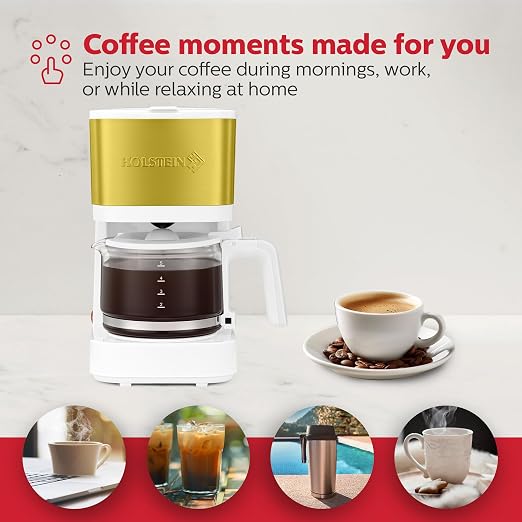 Holstein Housewares 5 Cup Coffee Maker – Compact Drip Coffee Machine with Auto Pause & Serve, Reusable Filter, Glass Carafe, Water Window & Warming Plate. White & Gold