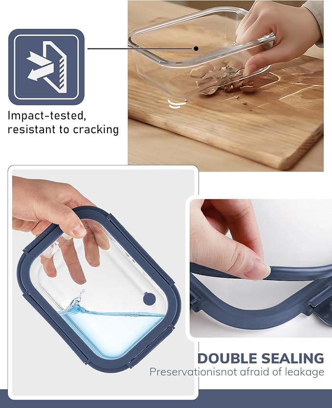 2-Pack Glass Food Storage Containers with Tempered Glass Lids (21.3oz/2.7cup) - Airtight Snap Lock, Microwave & Oven Safe (-4℉~ 950°F), Freezer to Baking Dish, BPA-Free, Gift Box (Blue)