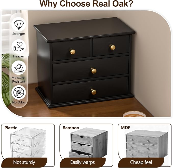 Oak Desk Organizer with Drawers, Durable Wooden Desktop Storage Box with Metal Handles & Non-Slip Silicone Pads, 4 Drawer Tabletop Organizer for Office, Bedroom, Bathroom, Vanity, and Makeup – Black