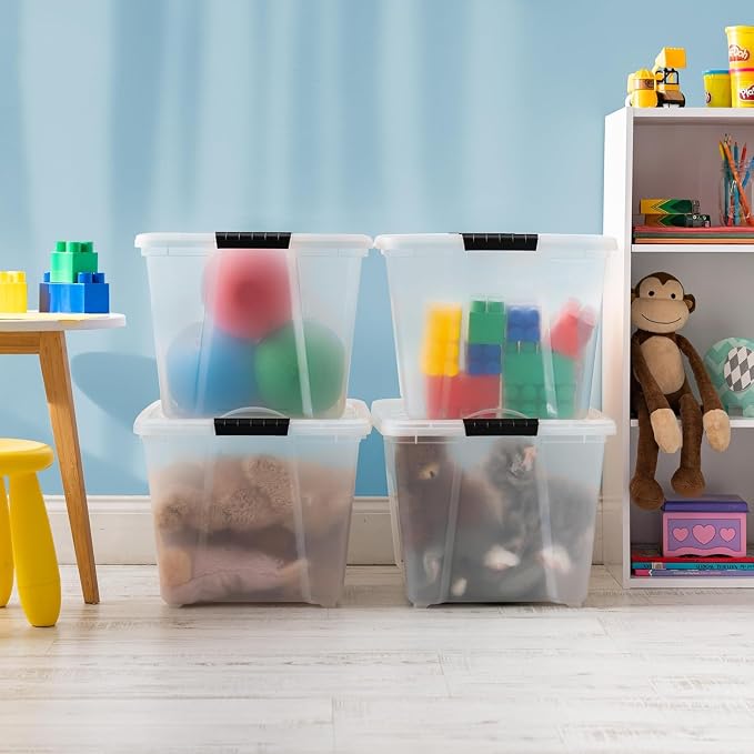 IRIS USA 54 Qt Stackable Plastic Storage Bins with Lids, 12 Pack - BPA-Free, Made in USA - See-Through Organizing Solution, Latches, Durable Nestable Containers, Secure Pull Handle - Clear