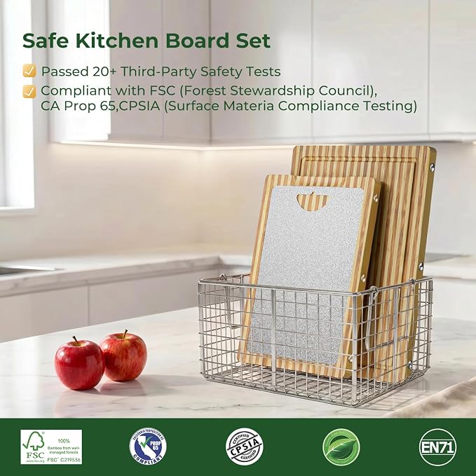 Glue Free, Plastic Free Zebra-Stripe Bamboo Pure Titanium Cutting Board Set | 6 Usable Sides, Juice Grooves, Non-Slip & Scratch Resistant, Knife-Friendly, Dishwasher Safe, Warp Resistant, Kitchen Gifts