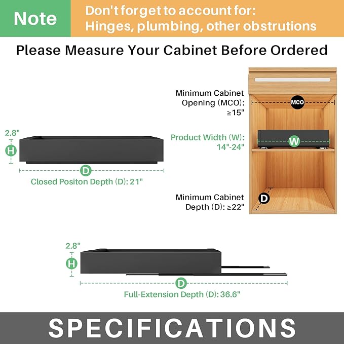 Pull out Cabinet Organizer, Wider Expandable(14"-24") Heavy Duty Slide out Drawers Fixed with Adhesive Nano Film for Pots and Pans, Roll out Shelf Storage for Kitchen Base Organization 2-Pack