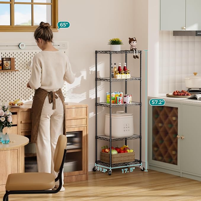 SINGAYE 5 Shelves Storage Shelf Wire Shelving Unit Metal Adjustable Wheels | Small Shelf Storage with Wheels Organizers Closet Unit for Bathroom Laundry Room Kitchen Pantry11.5D x 17.5W x 57H Black
