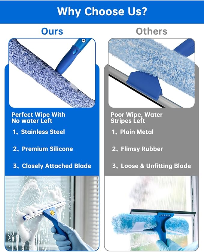 Window Cleaning Kit with Storage Bucket, Squeegee Cleaner Tool with Extension Pole, Glass Cleaning Tools Set with Spray Bottle, Brush, Scrubber, Gap Brush & Gloves for Window Shower Mirror Car