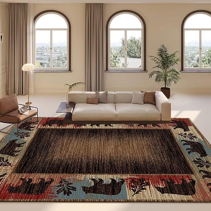 Wildlife Patchwork Pattern Rug for Hallway Vintage Cabin Bear Area Rug for Couch Non-Slip Colorful Tree Print Floor Carpet Mat 2'x3'