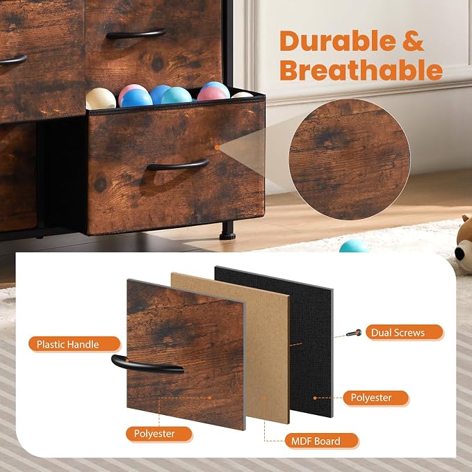 Sweetcrispy Dresser for Bedroom with 9 Drawers, Large Fabric Dresser | Storage Tower Organizer, Chest of Drawers with Metal Frame Wooden Top for Closet, Living Room, Entryway, Brown