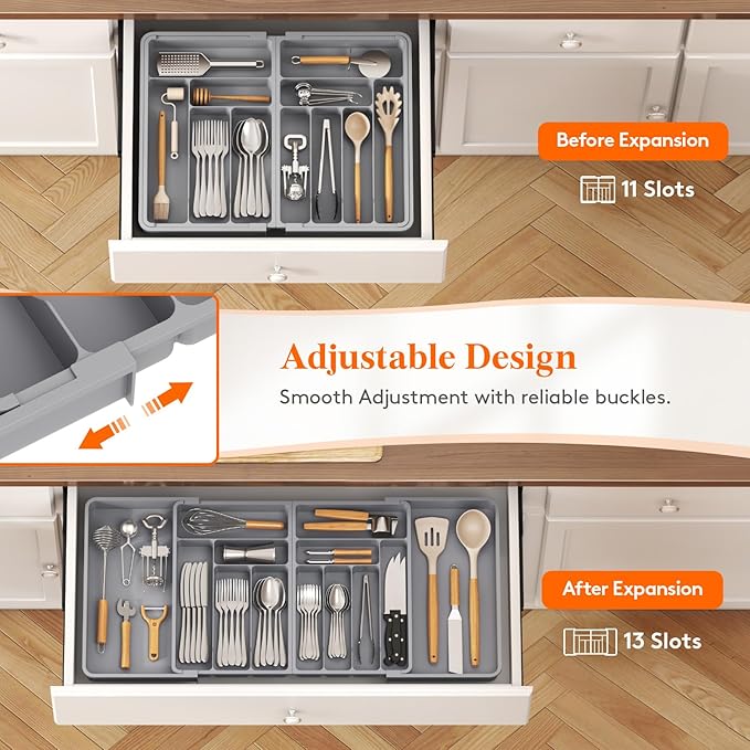 Lifewit Silverware Drawer Organizer, Expandable BPA Free Plastic Utensil Tray for Kitchen, Adjustable Flatware Cutlery Holder for Spoons Forks Knives, 21.3- 36 x 16.9", Gray