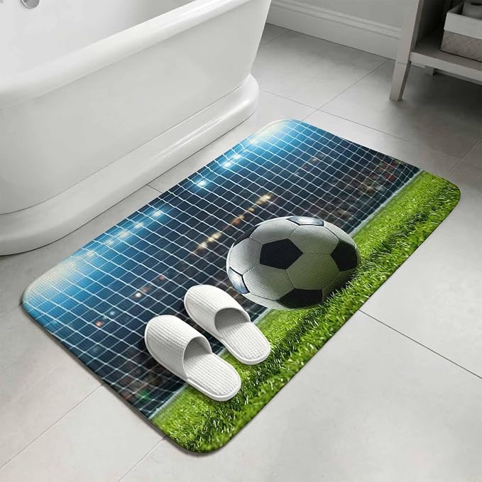 Front Door Mat Indoor Outdoor 19.7"x31.5", Football Absorbent Non Slip Welcome Mat, Soccer Ball Sports Net Mesh Evening Match Low Profile Entryway Rug for Front Entrance Porch Back Door Patio