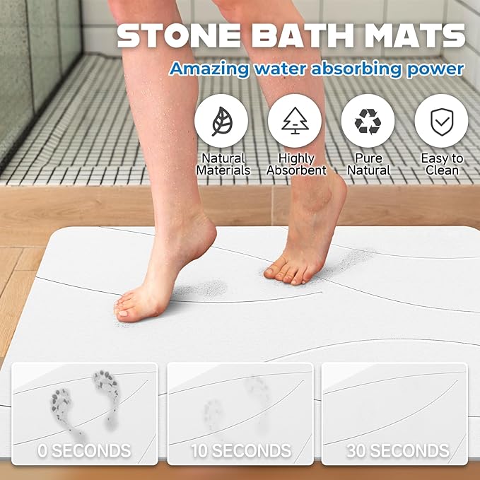 32"x20" Stone Bath Mat, Diatomaceous Earth Shower Mat, Non-Slip Super Absorbent Quick Drying Bathroom Floor Mat, Natural, Easy to Clean (Milky White)