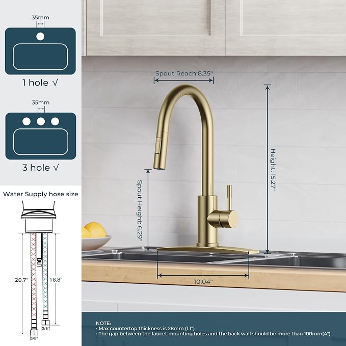 FORIOUS Gold Kitchen Faucet with Pull Down Sprayer, High Arc Modern Classic Sink Faucet Stainless Steel with Deck Fit for 1 or 3 Hole for Pot Filler Bar Farmhouse Laundry Rv, Brushed Champagne Golden