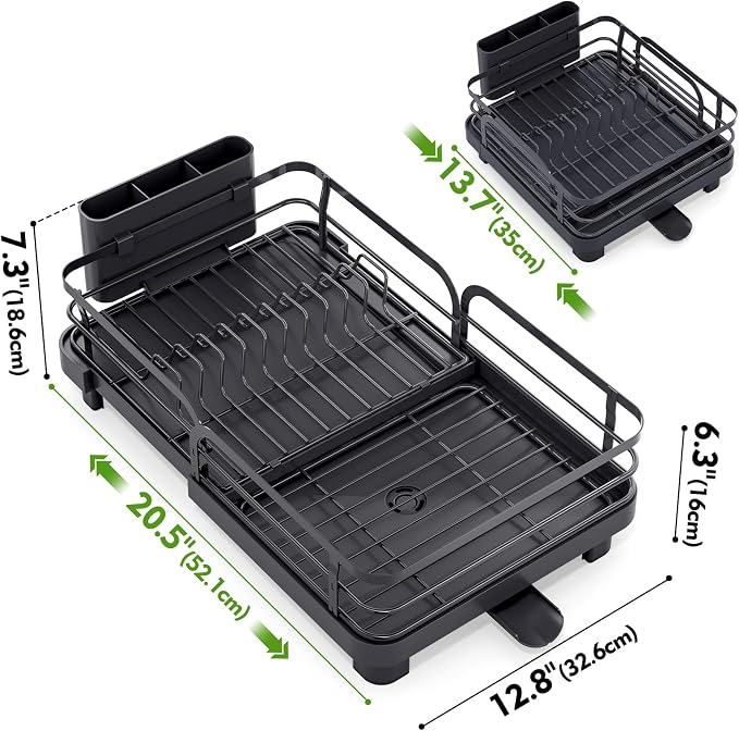TOOLF Expandable Dish Drying Rack for Kitchen Counter, Black | Stainless Steel Dish Drainer with Drainboard Set & Cutlery Holder, Extendable 13.7“-20.5”L, Rust-Proof, Fits for 1-3 People