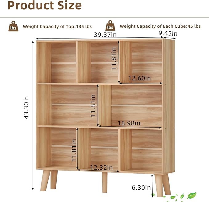 LEYAOYAO 8 Cube Bookshelf, Mid-Century Modern Book Shelf with Legs, Natural | 3 Tier Bookcase, Rustic Wood Bookshelves Freestanding Large Storage Organizer, Open Shelves for Bedroom, Living Room, Office