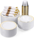 BESTVIP 400PCS Gold Plastic Dinnerware Set, Disposable Party Supplies for 50 Guests - Include 100 Plates, 50 Leak-Proof Soup Bowls, 50 Pre Rolled Napkins with Gold Silverware, 50 Cups