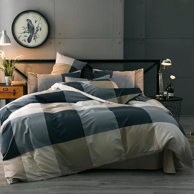 mixinni King Size Checkered Duvet Cover Set - 3 Piece Grey Geometric Cotton Bedding Set with Zipper Closure & Corner Ties, 100% Washed Cotton Soft Breathable Duvet Cover for Men, Women, Teens (King)